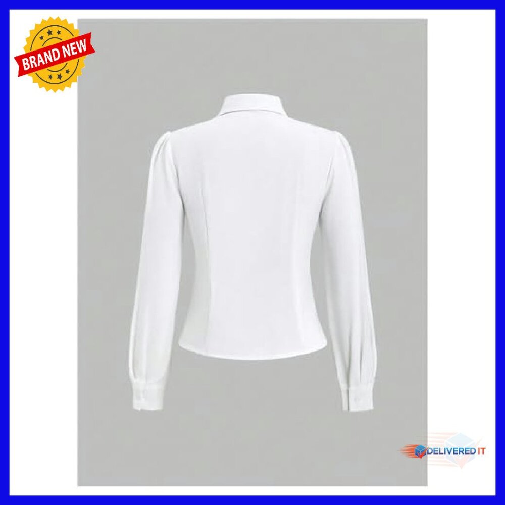Polyester Puff Sleeve Button Down Crop Blouse Fit… - image 3